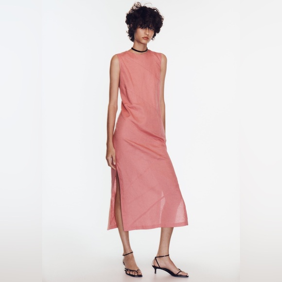 NWT Zara Pink Linen Blend Midi Dress Sz Small Side Slits Boho Chic - Picture 2 of 16